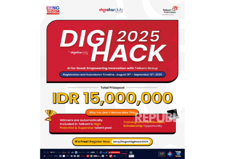 PT Telkom Indonesia (Persero) Tbk (Telkom) melalui komunitas talenta muda, Digistar Club, resmi meluncurkan DigiHack 2025, ajang kompetisi hackathon nasional bertema AI for Good, Empowering Innovation with Telkom Group.