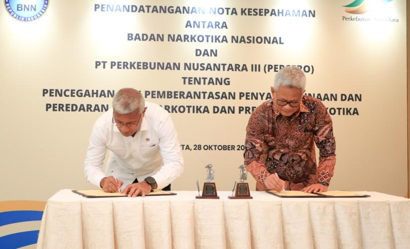 PTPN III (Persero) dan Badan Narkotika Nasional (BNN) menandatangani Nota Kesepahaman Bersama (MoU) tentang Pencegahan dan Pemberantasan Penyalahgunaan dan Peredaran Gelap Narkotika dan Prekursor Narkotika.