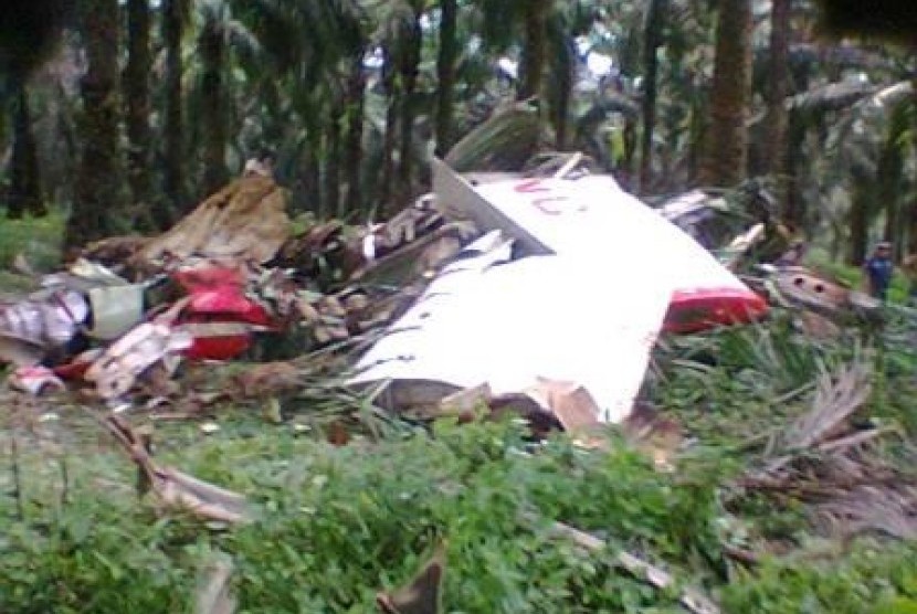 Puing-puing pesawat Jenis Fletcher FU 24-950 milik PT Sinar Indah Perkasa (SIP) yang jatu saat sedang menebar pupuk di kebun kelapa sawit, di Kampung Sidang Gunung Tiga, Rawajitu, Kabupaten Mesuji, Provinsi Lampung, Sabtu (11/5). 