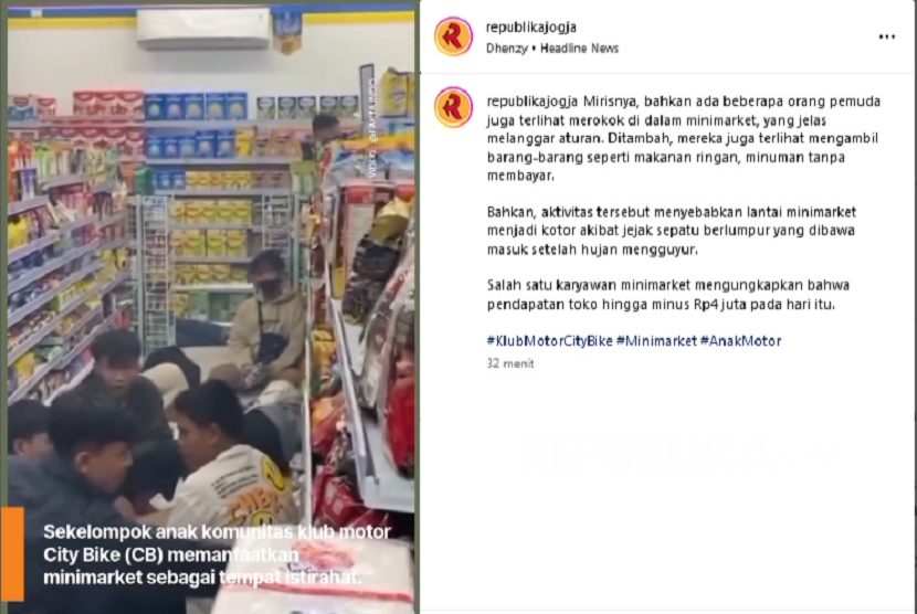 Puluhan pemuda yang tergabung dalam klub motor CB Nganjuk makan, minum, dan tiduran di Indomaret. 