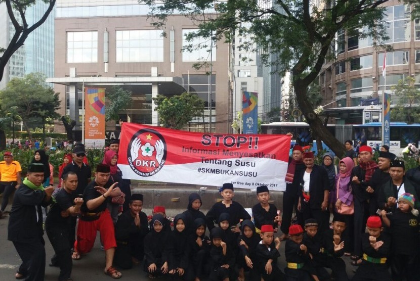Puluhan pesilat mulai dari anak-anak hingga orang dewasa melakukan aksi di saat hari bebas kendaraan atau Car Free Day di Jalan Sudirman Jakarta, Ahad (8/10). 