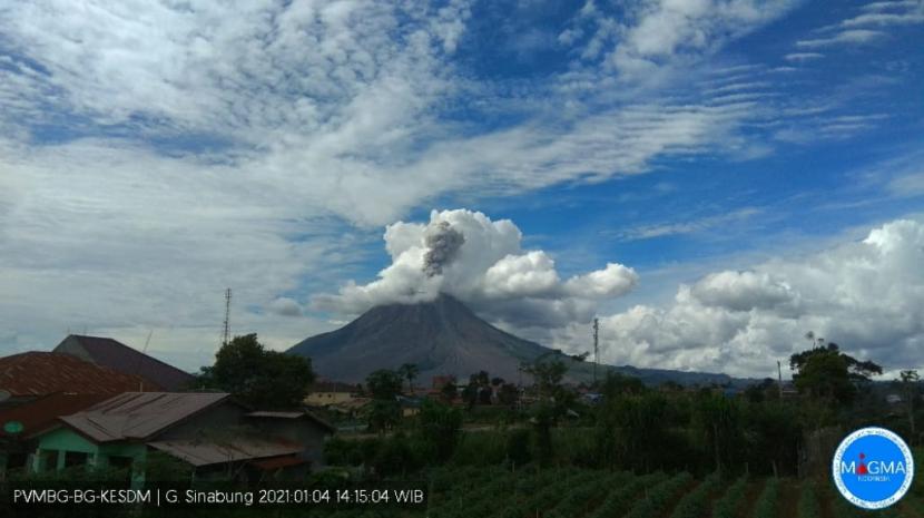  Pusat Vulkanologi dan Mitigasi Bencana Geologi (PVMBG) melaporkan Gunungapi Sinabung yang berada di Kabupaten Karo, Sumatera Utara, mengalami erupsi pada Ahad (17/1/2021) sore.