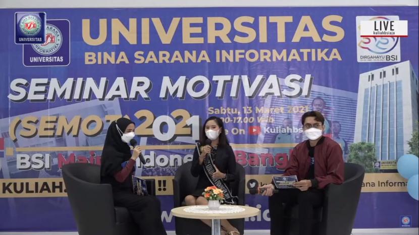 Puteri Tasya,  seorang Puteri Kebudayaan Indonesia 2019, dan juga alumnus Universitas BSI memberikan motivasi kepada mahasiswa baru UBSIpriode Maret 2021  dalam acara Seminar Motivasi (Semot). 