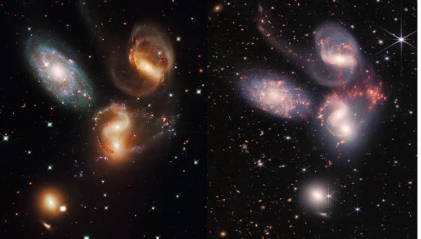 Quintet Stephan. foto kiri diambil dengan teleksop Hubble, kanan dengan teleskop James Webb