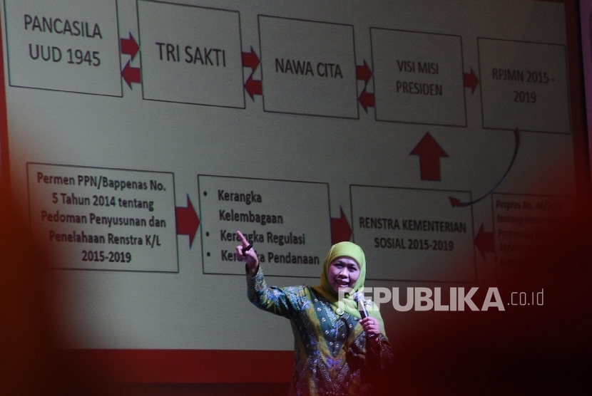 Menteri Sosial Khofifah Indar Parawansa, memberi pengarahan pada pembukaan Rakornas Sinkronisasi Data Kemiskinan Tahun 2016 Wilayah Barat di Jakarta, Kamis (11/2).