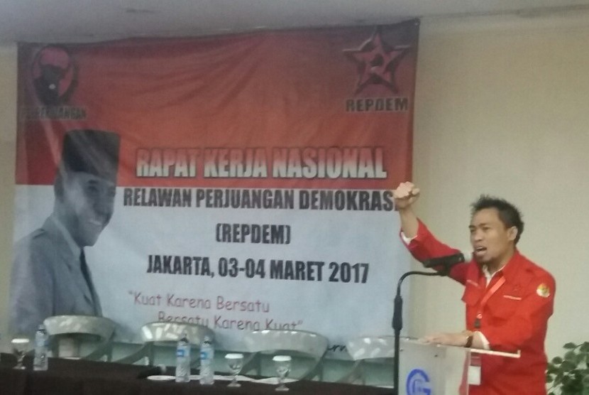 Rapat Kerja Nasional (Rakernas) Relawan Perjuangan Demokrasi (Repdem) di Grand Alia Hotel, Jakarta Pusat, Jumat (3/3).