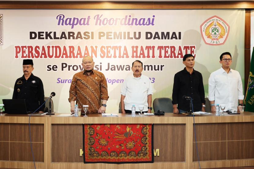 Rapat Koordinasi Deklarasi Pemilu Damai PSHT se Provinsi Jawa Timur. di Surabaya, Jumat (17/11/2023).