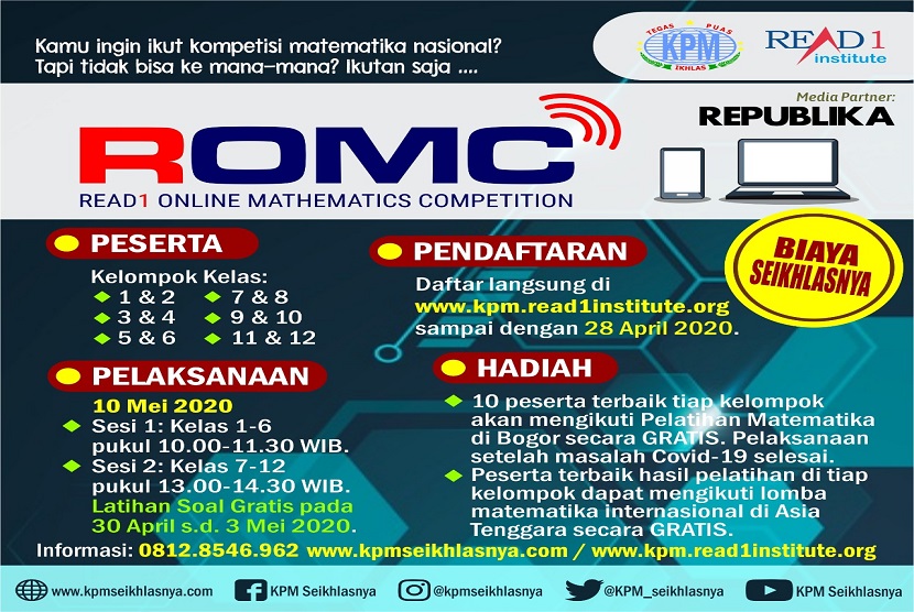 Read1 Online Mathematics Competition (ROMC) Se-Indonesia adalah salah satu gebrakan dari Klinik Pendidikan MIPA (KPM) untuk menjawab kebutuhan pelajar Indonesia agar dapat mengasah kemampuan Matematika