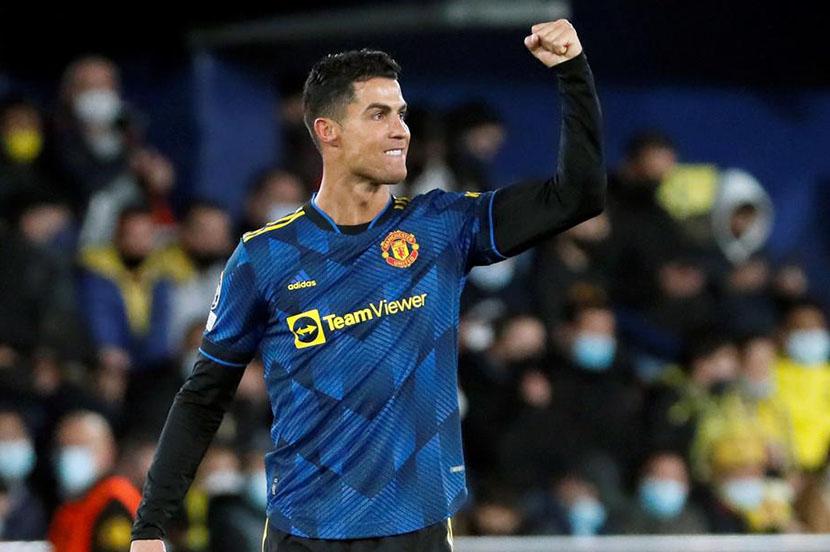 Reaksi bintang Manchester United Ronaldo usai mencetak gol ke gawang Villarreal, Rabu (24/11) dini hari WIB.