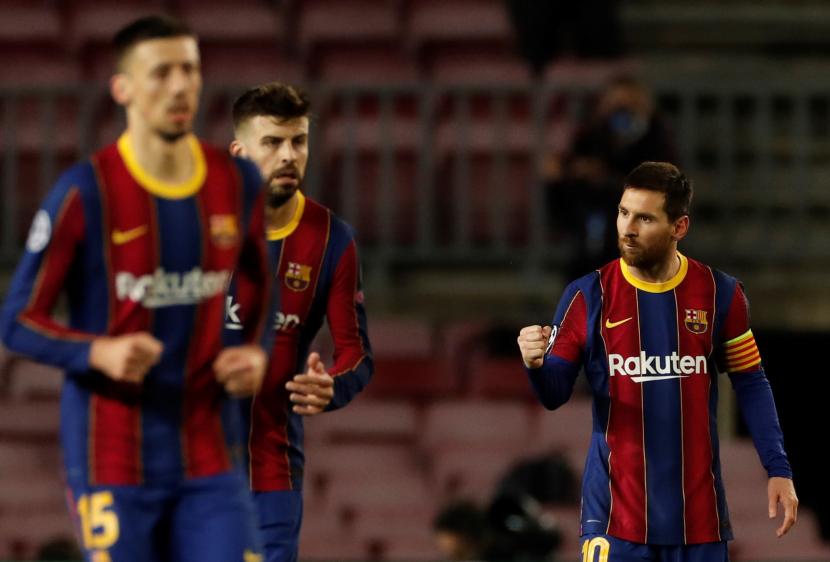 Reaksi Lionel Messi usai mencetak gol yang membawa Barcelona unggul 1-0 atas PSG.