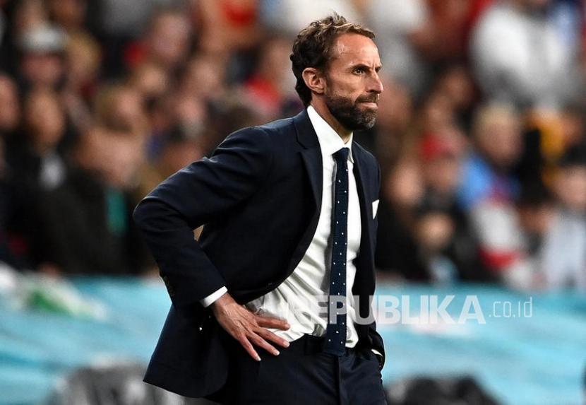 Reaksi pelatih Inggris Gareth Southgate pada final Euro 2020 antara Italia dan Inggris di London, Inggris, Senin (12/7) dini hari WIB.