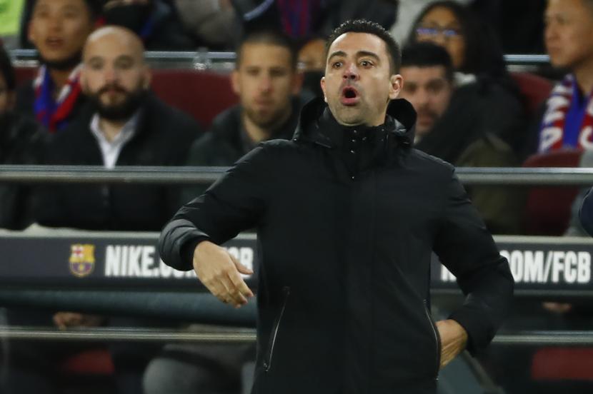 Reaksi pelatih Barcelona Xavi Hernandez selama pertandingan sepak bola La Liga Spanyol.