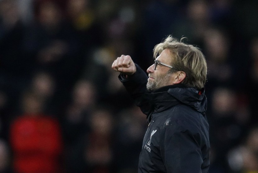 Reaksi pelatih Liverpool, Juergen Klopp seusai timnya mengalahkan Watford, 6-1 di Anfield, Ahad (6/11). Liverpool kini memuncaki klasemen Liga Primer Inggris.