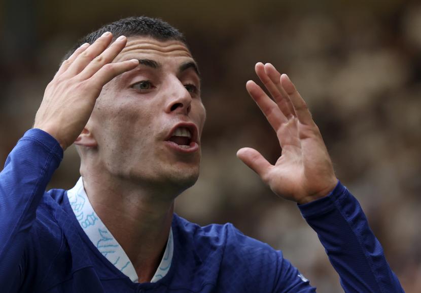 Reaksi pemain Chelsea Kai Havertz saat pertandingan sepak bola Liga Inggris antara Chelsea dan Tottenham Hotspur di Stadion Stamford Bridge di London, Ahad, 14 Agustus 2022. 