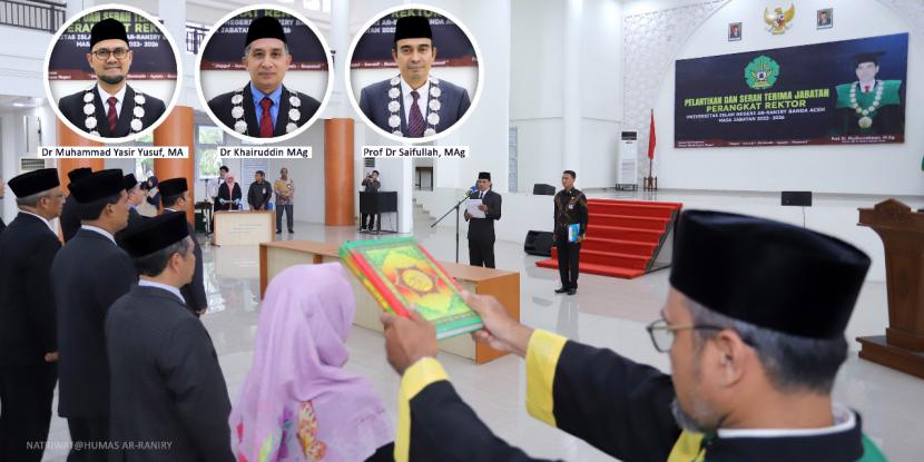 Rektor Universitas Islam Negeri Ar-Raniry Banda Aceh melantik para wakil rektor, dekan-dekan dan ketua lembaga di Lingkungan UIN Ar-Raniry, Jumat (2/9/2022).   