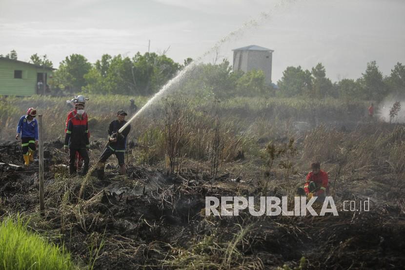Relawan pemadam kebakaran melakukan proses pendinginan lahan gambut yang terbakar, (ilustrasi).