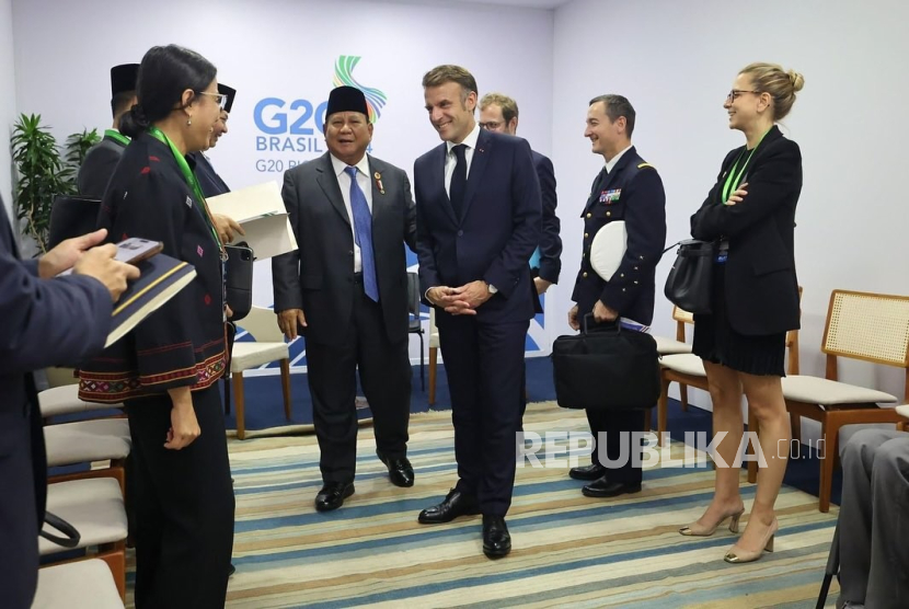 residen RI Prabowo Subianto menggelar pertemuan bilateral dengan Presiden Prancis Emmanuel Macron di Museu de Arte Moderna, Rio de Janeiro, Brasil, Selasa (19/11/2024) waktu setempat.