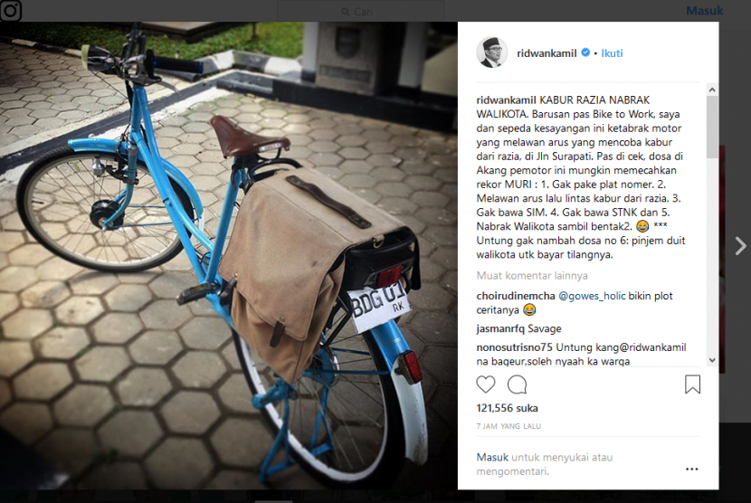 Ridwan Kamil ditabrak pengendara sepeda motor yang melawan arus di Jalan Surapati