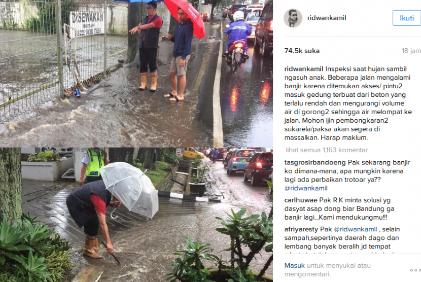 Ridwan Kamil memantau banjir di jalanan di Kota Bandung, melalui akun Instagram pribadinya, Ahad (13/11).