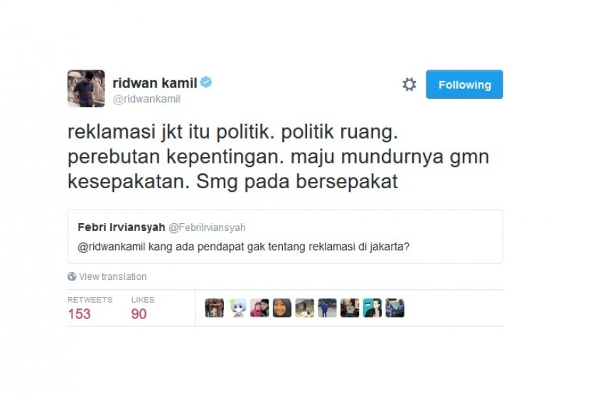 Ridwan Kamil mengomentari reklamasi Teluk Jakarta di akun Twitternya.