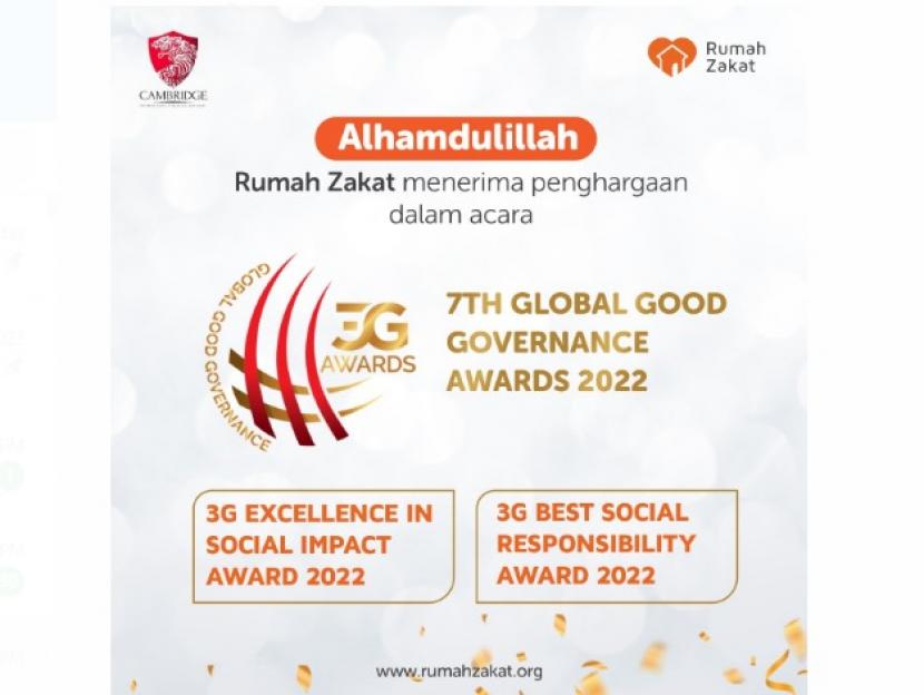  Rumah Zakat kembali menerima Global Good Governance Awards untuk kategori 3G Social Impact Award 2022 dan 3G Social Responsibility Award 2022.
