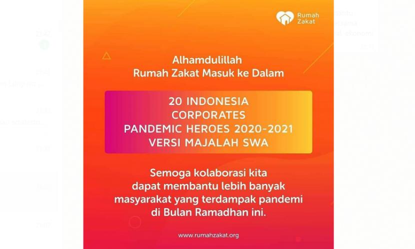 Rumah Zakat meraih penghargaan 20 Indonesia Corporates Pandemic Heroes 2020-2021 versi Majalah SWA.
