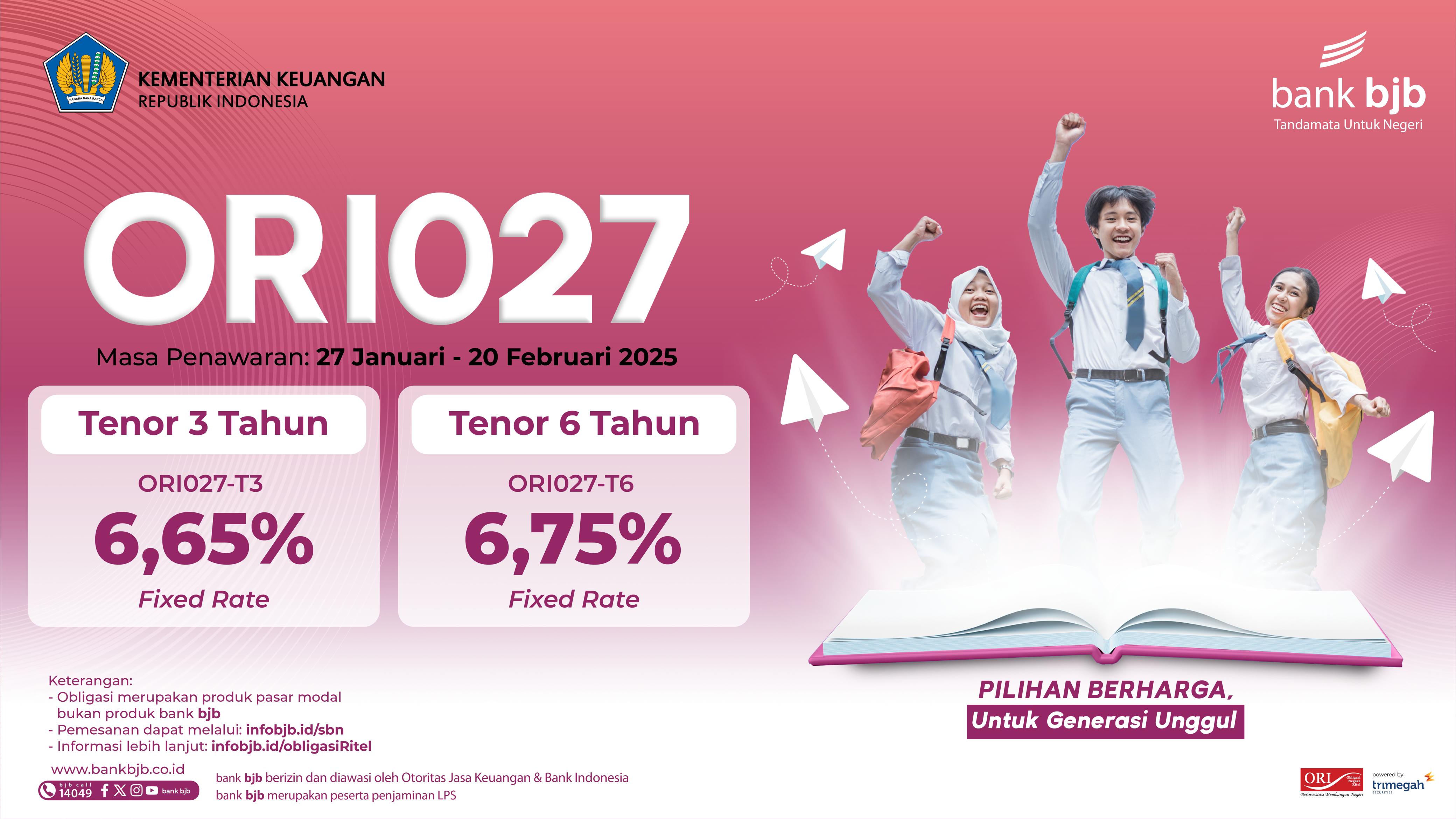 bank bjb Tawarkan ORI027 Dengan Kupon Hingga 6,75 Persen