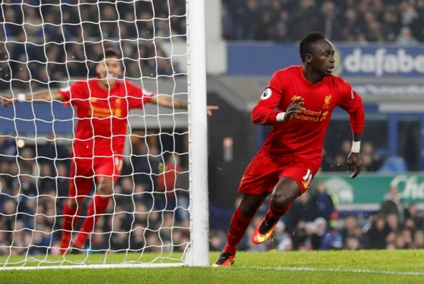 Sadio Mane seusai membobol gawang Everton.