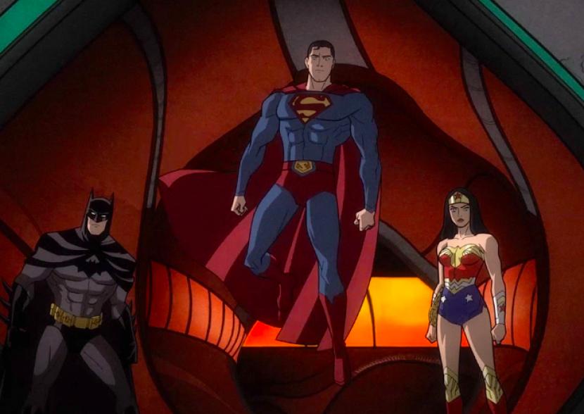 Salah satu adegan di trailer film animasi Justice League: Warworld. Dalam film ini, Superman, Batman, dan Wonder Woman akan kembali bekerja sama.