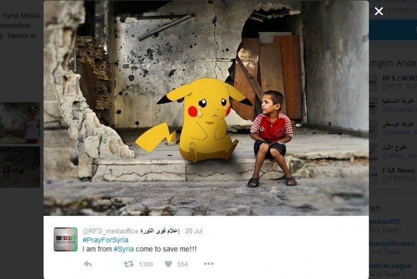 Salah satu gambar anak Suriah dengan ilustrasi Pokemon yang diunggah Twitter RFS untuk menarik perhatian tentang kehidupan anak-anak Suriah.