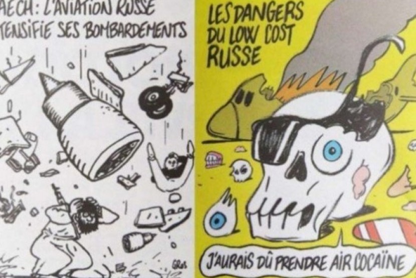 Salah satu kartun Charlie Hebdo tentang jatuhnya pesawat Rusia.