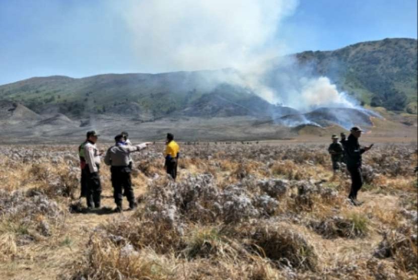 Salah satu lahan Hutan Bromo yang terbakar sejak Sabtu (1/9). Dokumen Polsek Poncokusumo, Kabupaten Malang.