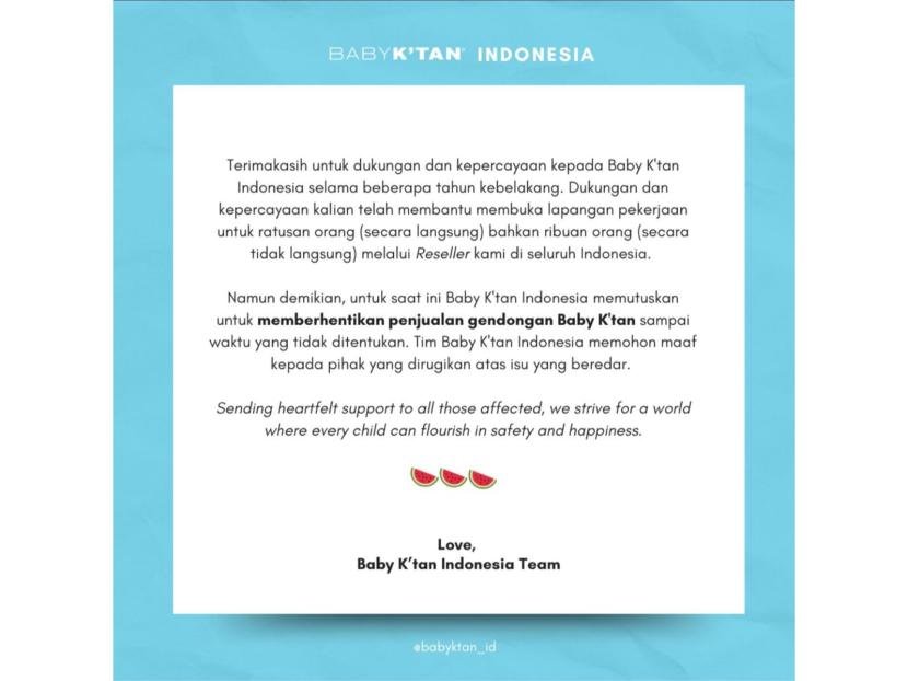 Salah satu lembar pernyataan Baby Ktan Indonesia. Baby KTan Indonesia memutuskan memberhantikan penjualannya di Indonesia.