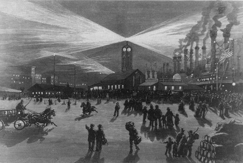 Salah satu Moonlight Towers di New Orleans Riverfront dalam sketsa di tahun 1883.