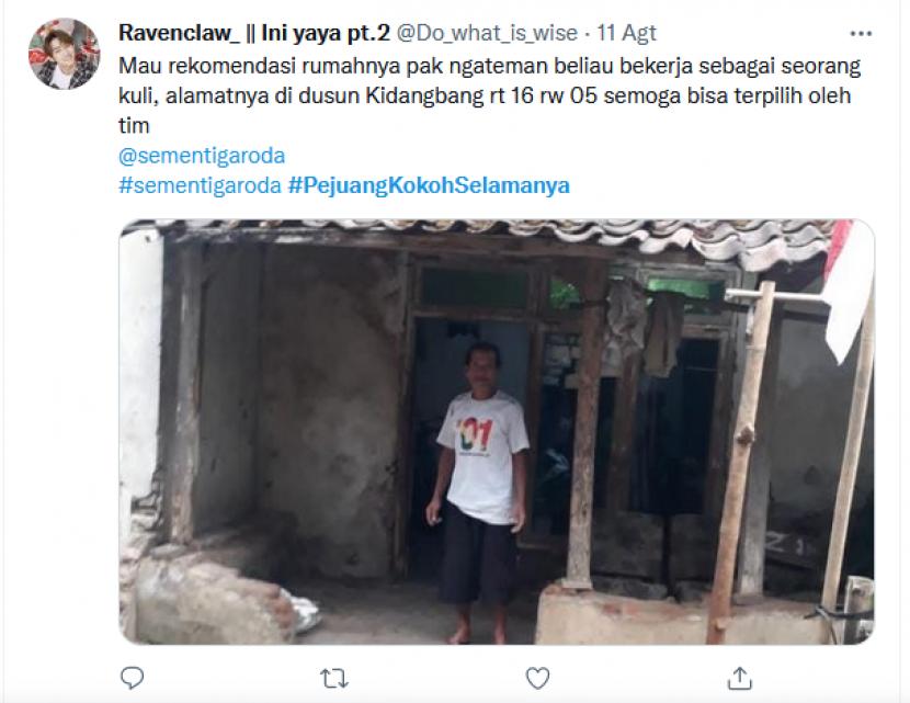 Salah satu netizen yang merekomendasikan rumah seorang kuli untuk direnovasi dalam tagar #PejuangKokohSelamanya di media sosial Twitter