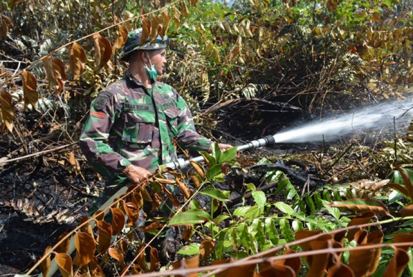 Salah seorang prajurit Kostrad memadamkan kebakaran hutan