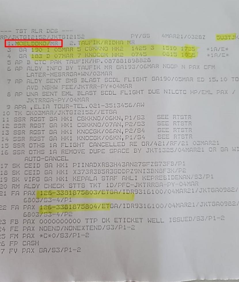 Salinan tiket pesawat Kepala KSP Moeldoko yang disebut pergi menuju Sumatra Utara untuk menghadiri rencana kudeta Partai Demokrat. 