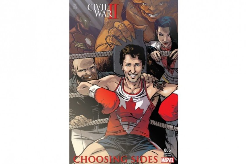 Sampul edisi pamungkas Civil War II: Choosing Sides yang menampilkan PM Kanada Justin Trudeau.