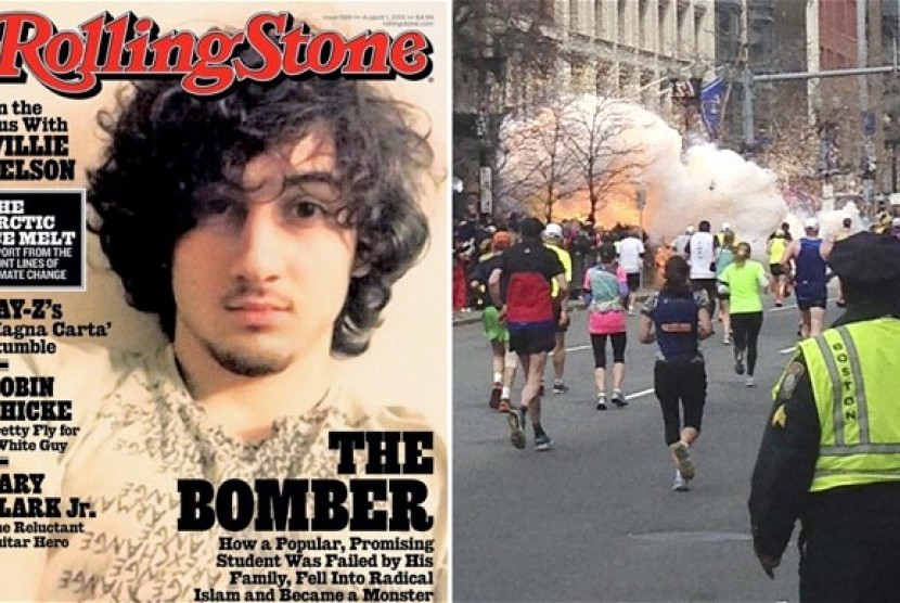 Sampul majalah Rolling Stone yang menampilkan wajah pelaku bom Boston, Dzhokhar Tsarnaev. Pengadilan banding federal batalkan hukuman mati pelaku bom Maraton Boston. Ilustrasi.