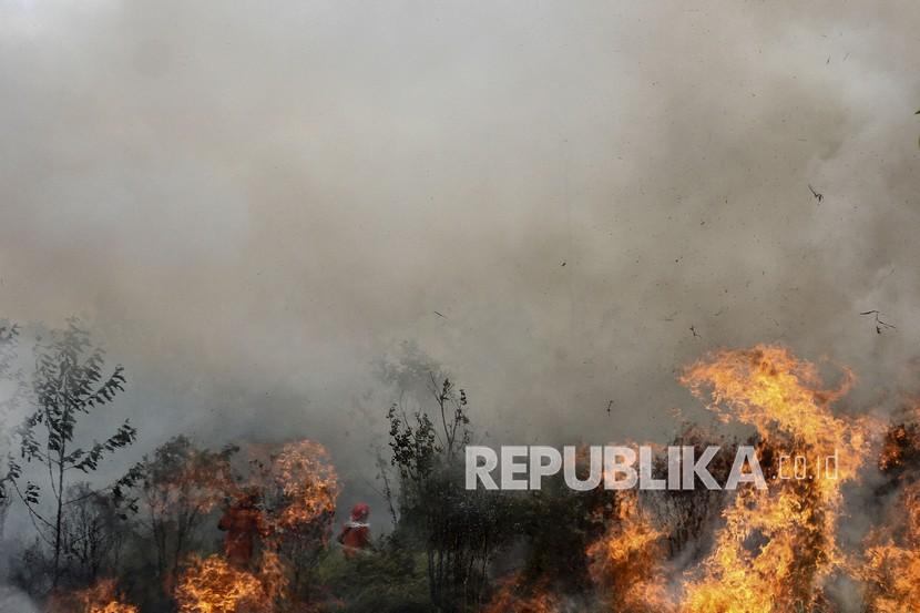 Satgas Kebakaran Hutan dan Lahan (Karhutla) Riau yang terdiri dari petugas Manggala Agni Daops Pekanbaru, BPBD Pekanbaru, Masyarakat Peduli Api dan TNI Polri berusaha memadamkan api yang membakar lahan ketika terjadi kebakaran lahan di Pekanbaru, Riau, Jumat (2/4/2021). Kencangnya angin dan sulitnya sumber air di lokasi yang terbakar membuat api dengan cepat membakar semak belukar di atas lahan yang diperkirakan mencapai 10 hektar. 