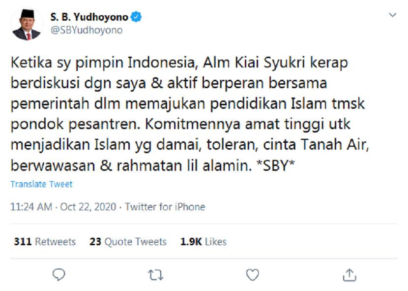 SBY ikut berduka atas meninggalnya KH Abdullah Syukri Zarkasyi