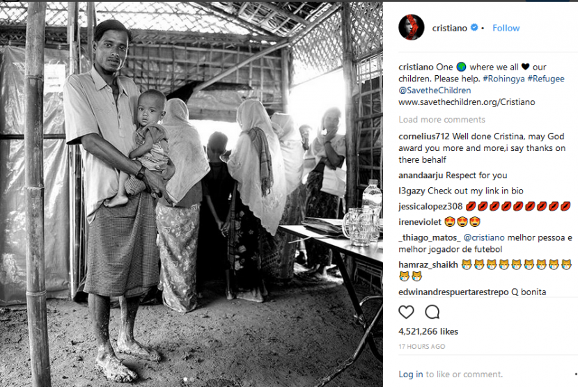 Screenshot akun Instagram Christiano Ronaldo yang mengunggah foto pengungsi Rohingya.