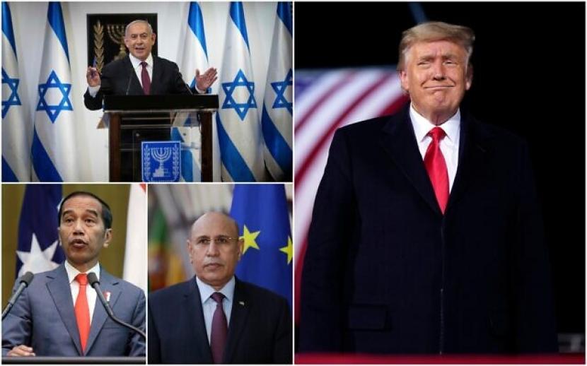 (Searah jarum jam dari kanan atas) Perdana Menteri Benjamin Netanyahu, Presiden AS Donald Trump, Presiden Mauritania Mohamed Ould El-Ghzaouani dan Presiden Indonesia Joko Widodo. (