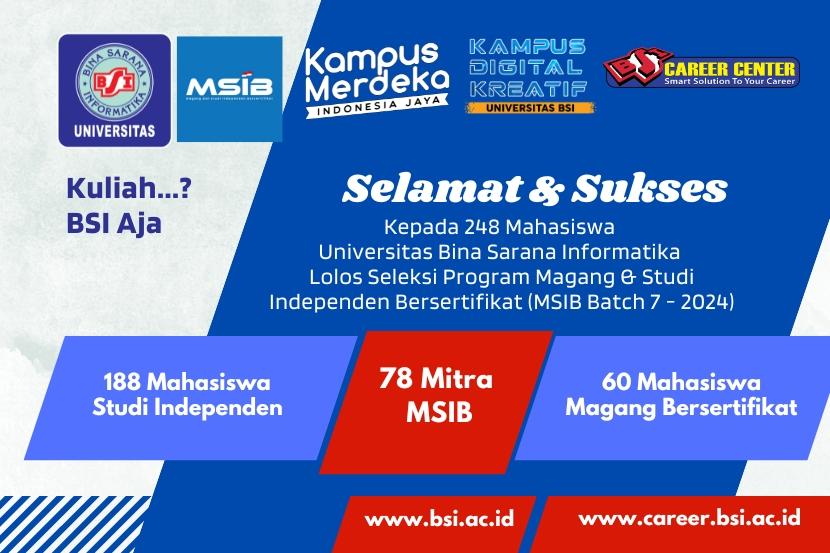 Sebagai Kampus Digital Kreatif Universitas BSI (Bina Sarana Informatika) kembali mencatat prestasi luar biasa dalam Program Magang dan Studi Independen Bersertifikat (MSIB) batch 7.