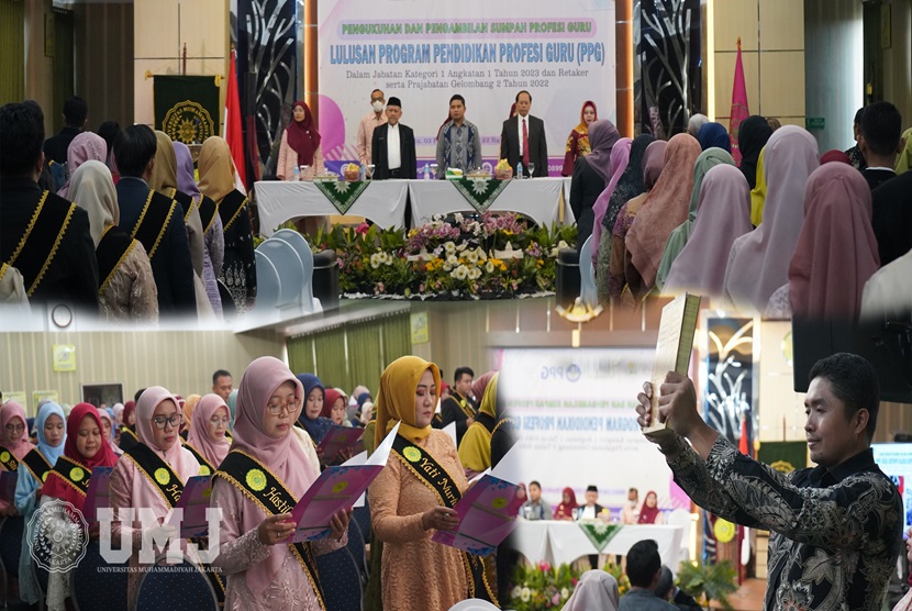 Sebanyak 144 lulusan Program Pendidikan Profesi Guru (PPG) Fakultas Ilmu Pendidikan Universitas Muhammadiyah Jakarta (FIP UMJ) resmi dikukuhkan. Prosesi pengukuhan dan pengambilan sumpah diselenggarakan di Aula dr. Syafri Gurucci, Fakultas Kedokteran dan Kesehatan (FKK), Sabtu (03/02/2024). 