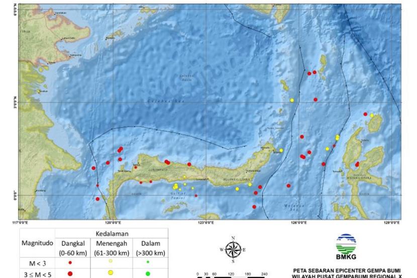 Sebaran titik gempa bumi di sekitar wilayah Sulawesi Utara.