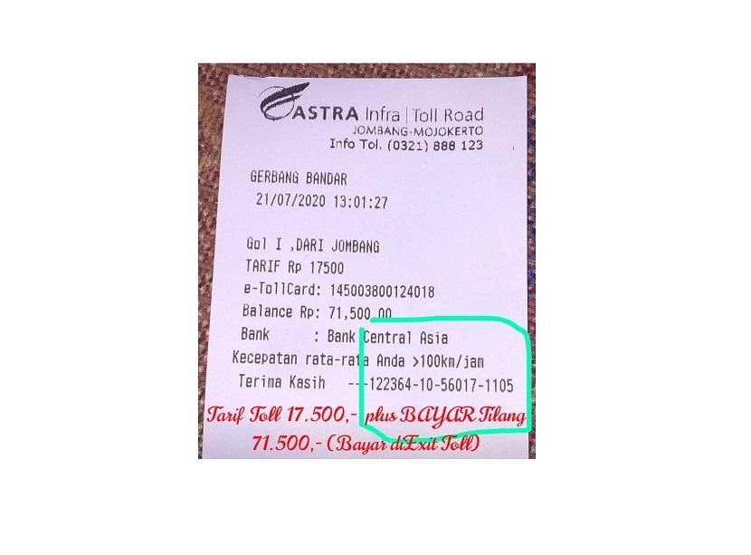 Sebuah gambar struk tol Astra Infra Tol bertuliskan caption tarif tol dan jumlah biaya tilang di tol Jombang -Mojokerto beredar di media sosial.