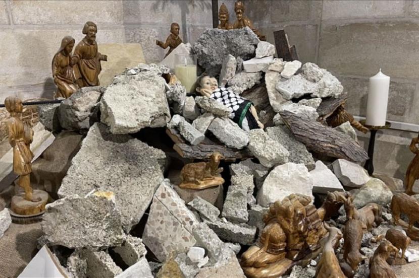 A church in the historic city of Bethlehem in the West Bank made Christmas decorations this year using rubble