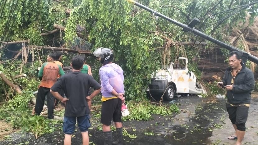   Sebuah mobil tertimpa pohon tumbang ketika hujan melanda Kota Solo, Selasa (24/10/2023).