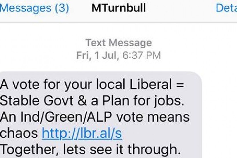 Sebuah pesan SMS yang dikirimkan kepada para pemilih dalam pemilu Australia Juli 2016.